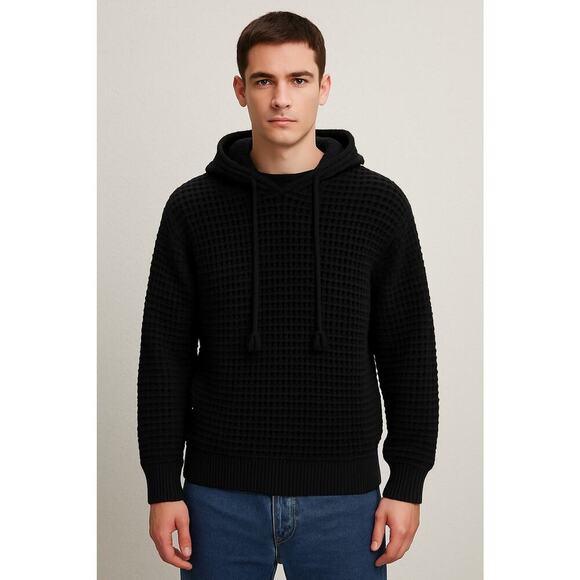 Zara Sweaters - ZARA Mens Black Knit Hoodie Sweater Waffle Open Weave Cotton Pullover Size M